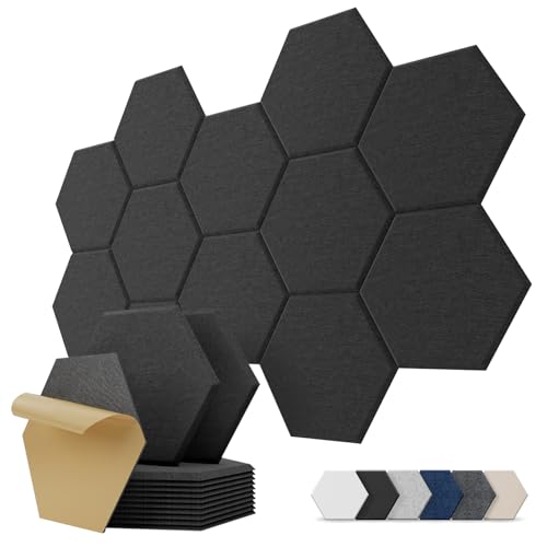 Hexagon Akustikplatten Selbstklebend, 12 Stück Schallabsorber für Tonstudio, Wohnzimmer, Gaming Deko, Kinderzimmer, Buero, Wand, Decken, Türen Akustikpaneele Schwarz, 30 x 26 x 0,9cm