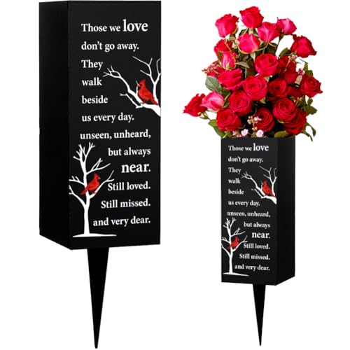 WEBEEDY Jarrones de cementerio para tumba con espiga de metal, soporte para flores conmemorativas, cardenal y árbol, decoración de cementerio para tumba, regalo memorial, 8 x 20 cm
