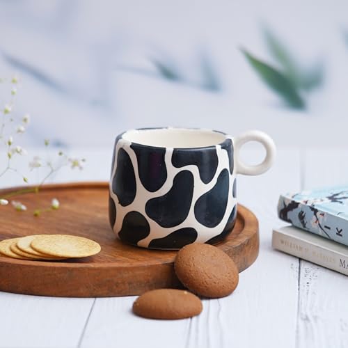 Image of Ceramic Coffee Mug Set of 2 | Unique Black & White Cow Print Design | Modern Stoneware Tea & Milk Cups with Round Loop Handle | Microwave & Dishwasher Safe Mugs | Black & White