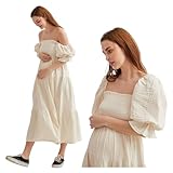 NOTHING FITS BUT Kiko Baby Shower Maternity Gown, Women’s Cotton Modal Classic Linen Smocked Nursing Dress, Short Puffed Sleeves, Off Shoulder, Ruffled Details, Large, Cream