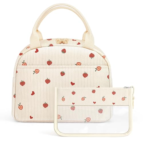 YOOLIFE Lunch Bag for Women | Cute Corduroy Tote Bags Snack Bags for Work Picnic White Strawberry Reusable Insulated Cooler for Work Picnic Travel Girls Kids School Lunch Box