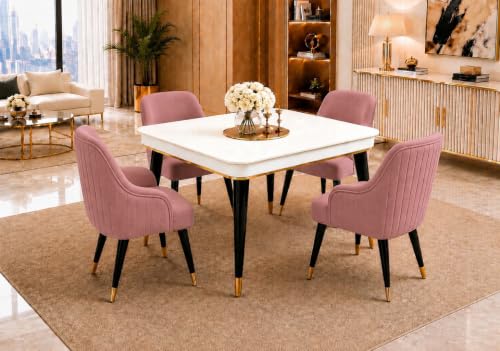 Image of WOODEN SPACE 4 Seater Wooden Dining Table Set | Urban Marble Top Dining Table with Chairs for Dining Room & Kitchen (Modern Zyro Pink) (42 x 42 x 30 inch)