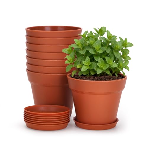KINGLAKE 10cm Blumentöpfe mit Untersetzer - 8 Stück Pflanztöpfe Klein übertopf Pflanztopf Blumentopf Kunststoff Set Topf Kleine Flower Pot für Pflanzen Kakteen Kräuter-Terrakotta