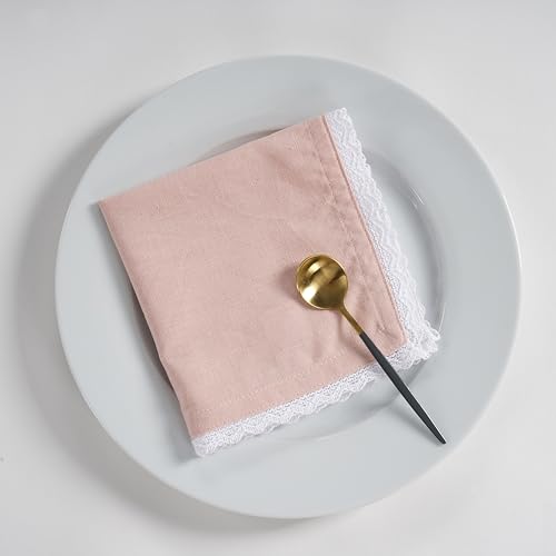 Fingercraft Dinner Cloth Napkin Cotton Linen Set of 12 Mitered Corners with Natural Elegant Lace for Everyday Use Napkins are Pre Shrunk and Good Absorbency with Lace 20x20 in Dusty Pink Easter Color