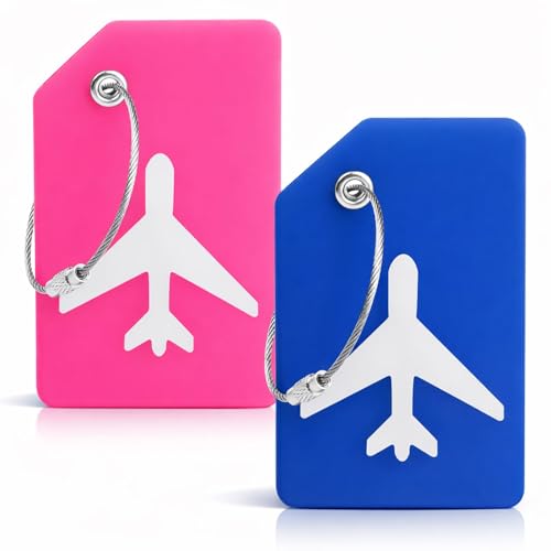 2 Pcs Silicone Luggage Tags, Travel Baggage Labels, Luggage Labels for Suitcases, Suitcase Name Address ID Tags, Protect Privacy Prevent Loss Travel Suitcases Accessories (Blue+Pink)