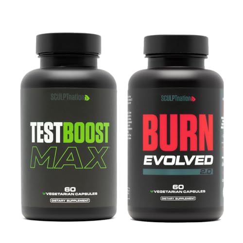 Sculpt Nation by V Shred T-Boost Max and Burn Evolved Testosterone Booster and Metabolism Support - Promotes Natural Energy and Endurance for Men - 2-Pack - 60 Capsules
