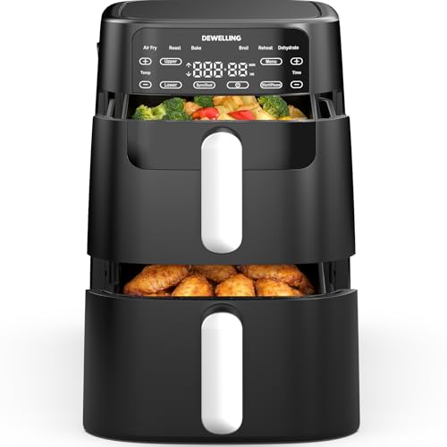 Dewelling Air Fryer 10L Doble Stack - 2700 W Freidora Sin Aceite XXL, 2 cajones, Freidora de Aire Vertical Doble Cámara, 6 en 1, Max 230 °C, Ahorro de 50 % de espacio, libro de recetas