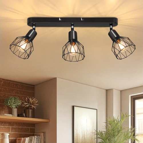 Kimjo E14 Foco de Pared LED Ajustables y Giratorios, Lámpara de Techo 3 Focos Negro, Moderno Focos para el techo Interior para dormitorio, cocina, sala de estar (Sin Bombilla)