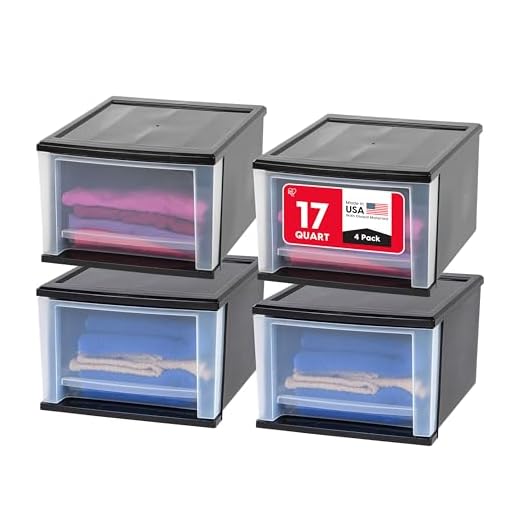 IRIS USA 17 Qt. Plastic Stackable Storage Drawers, Medium, 4 Pack, Multi-Purpose Bins for Bedroom, Bathroom, Closet, Dorm, Craft Room, Garage, Nursery, Office, Under Sink, Black