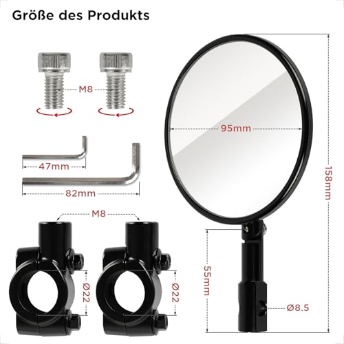 Evermotor Lenkerendenspiegel, E-geprüft, 360°Drehbar Motorrad Spiegel, CNC-gefrästem Aluminium, 7/8\ 22mm Runde MotorradSpiegel kompatibal mit Scooter, Roller, ATV, Moped (2 Stück)
