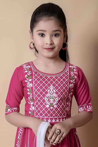 Image of New Badshah Dressesn Indian Ethnic Kids Girls Kurta Straight Pant with Silky Dupatta Dress Set, Cotton Rayon Fabric