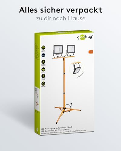 Bild 6 - Goobay 2 x 50W Baustrahler LED mit Stativ einstellbar und 2,5m Kabel für Baustelle, Werkstatt oder Keller - IP65 Baulampe LED für Innen- & Außenbereich - Strahler 2x8500 Lumen kaltweißes Licht 6500K