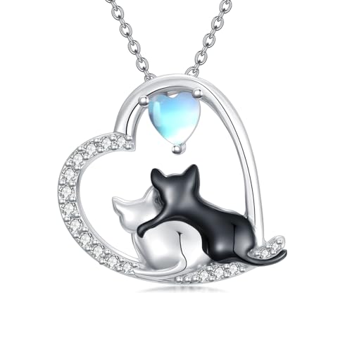 LEECCI Cat Necklace 925 Sterling Silver Animal Heart Pendant Moonstone