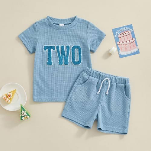 HZPHQY 2T Toddler Baby Boy Girl 2nd Birthday Outfit Two Print T Shirt Shorts Summer Waffle Clothes
