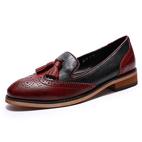 Image of Mona flying Women's Leather Tassel Loafers Slip on Brogue Flat Office Shoes