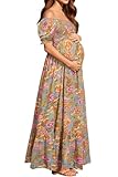 Boho Maternity Dress Fall Baby Shower Floral Pregnancy Photoshoot Summer Off Shoulder Flowy Maxi Puff Sleeve Dress 2025 Grey Green