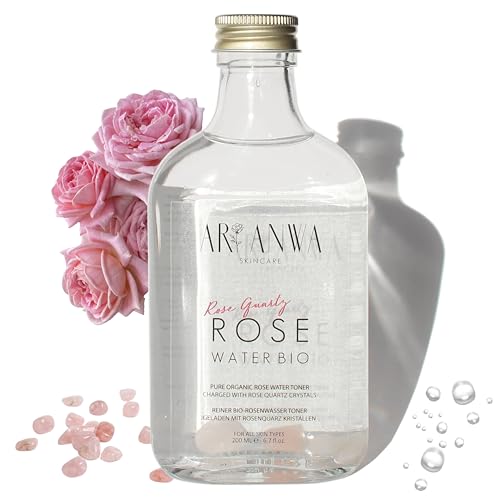 ARI ANWA - Bio Rosenwasser Gesichtswasser in Glasflasche. Mit Rosenquarz für kühlende Frische | Klärt, erfrischt & vitalisiert ohne Alkohol | Rosenwaser Bio - 100% reines Bio-Rosenhydrolat
