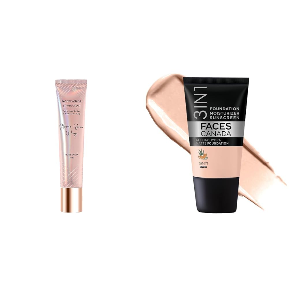 FACESCANADA Airbrushed Shine Full Combo - All Day Full Hydra Matte Foundation - Rose Ivory 011 (18ml) + Strobe Cream - Rose Gold (18ml) | Illuminating & Glowing Makeup Base | 10HR Long Wear-image-29