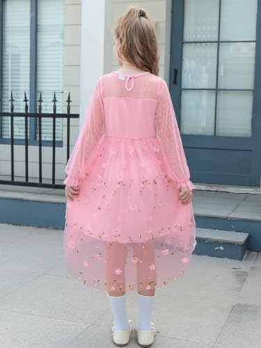 DAXIANG Girls Puff Long Sleeve Contrast Mesh Embroidery Tulle Flower Girl Dress Formal Wedding High Low Dress 5-14 Years3
