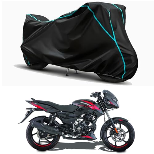 Image of Waterproof Bike Body Cover Compatible for | Bajaj Pulsar 150 BS6 | Taffeta Fabric, Sky Piping Design, Bottom Elastic Fit | Dustproof, Sun UV & Rain Protection for All Weather.