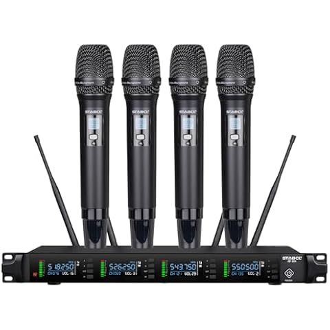 Professional 4 Channel Wireless Microphones System, UHF 4 x 50 Channel Metal Handheld Dynamic Cordless Microphone Set, Auto Scan 300Ft Range, Wireless Mics for Singing,Karaoke,Church and Dj Cover