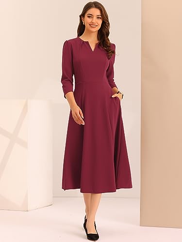 Image of Allegra K Womens 3 /4 Sleeve A-Line Business Work Formal Midi Dress | Elegant Dresses with Pockets, V Neck, Cockatail Party Church Funeral Outfits, Spring Fall Winter