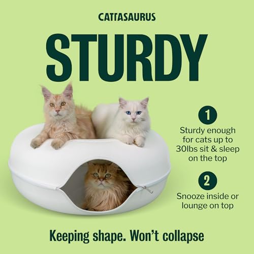 Image of Cattasaurus Peekaboo Cat Cave, Extra Spacious for Multiple & Large Cats 15+ lbs, Scratch Detachable Cat Beds for Indoor Cats, Washable Tunnel Bed, Comfy Donut Tunnel (White, Jumbo)
