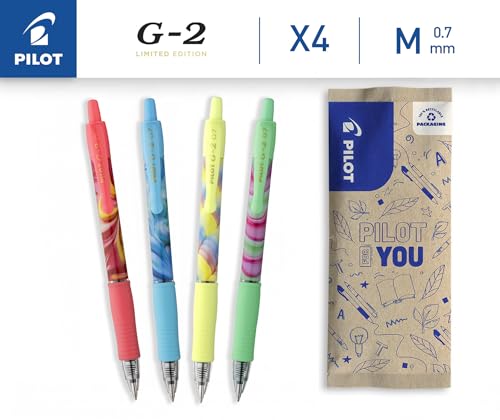 PILOT - 4er-Set G2 Flow - Limited Edition - Einziehbare Gel-Tintenroller - Nachfüllbar - Hervorragender Schreibkomfort - Gehäuse in Rosa, Blau, Gelb, Grün - Blaue und schwarze Tinte - Mittlere Spitze