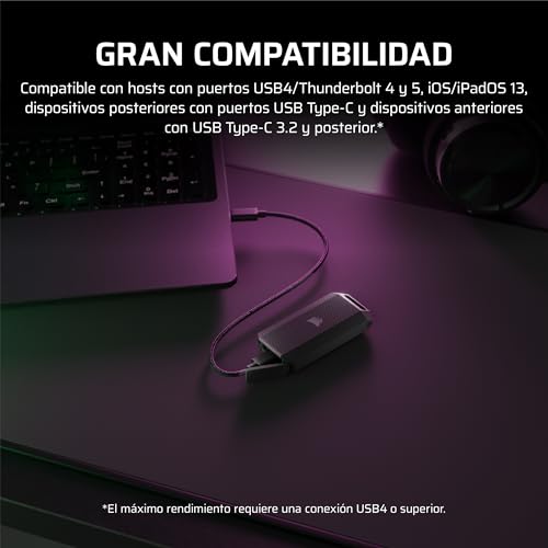 Almacenamiento SSD portatil 2TB Corsair EX400U USB4 rapido resistente negro 6