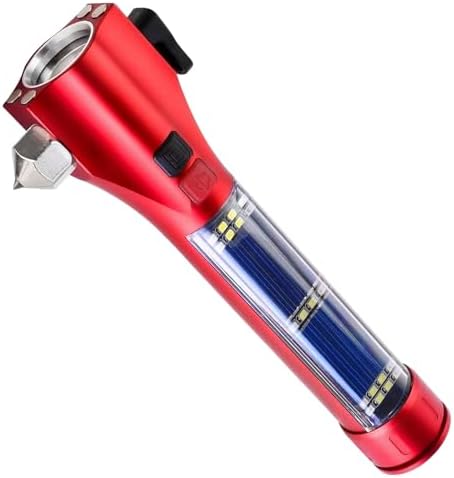 Car Glass Breaker Hammer with Flashlight, Multi-Function Rechargeable Emergency Escape tools with Window Breaker and Seatbelt Cutters,Bright Solar Torch, RescueAlarm Rescue, Strobe SOS Beacon
