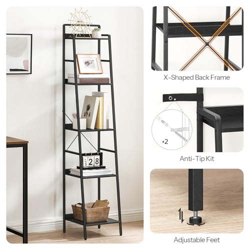 HOOBRO-5-Tier-Ladder-Shelf-Narrow-Bookshelf-Industrial-Bookcase-Skinny-Bookshelf-for-Small-Spaces-Corner-Storage-Shelf-for-Home-Office-Living-Room-Black-BB35SJ01 - Urban Country Home Decor HOOBRO-5-Tier-Ladder-Shelf-Narrow-Bookshelf-Industrial-Bookcase-Skinny-Bookshelf-for-Small-Spaces-Corner-Storage-Shelf-for-Home-Office-Living-Room-Black-BB35SJ01