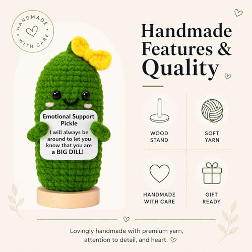Image of Emotional Support Pickle Crochet with Stand. Handmade Positive Pickle Gift for Women, Friends, Family, Co Workers. Birthday Gifts. Best Friends (Yellow Support Pickle)
