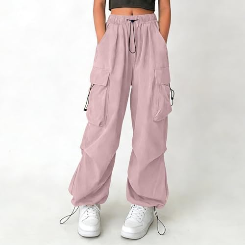 Girls Parachute Cargo Pants High Waisted Baggy Casual Y2K Trouser Kids Wide Leg Hip Hop Streetwear with Multi Pocket Pink