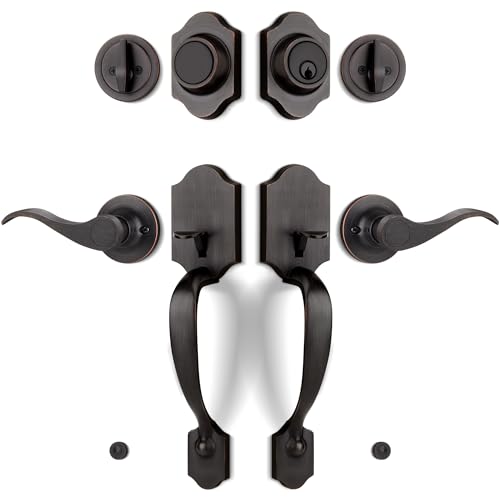 LOQRON Double Front Door Handle Set with Dummy and Deadbolt, Entry Front Door Lock Set with Classic Half Grip Curved Door Handle for Exterior Doors or Office, Oil Rubbed Bronze