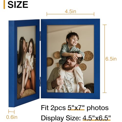 decorUhome Double 5x7 Picture Frame Vertical, Engineered Wood Bifold Photo Frame with Plexiglass for Tabletop Display, 5x7, Royal Blue