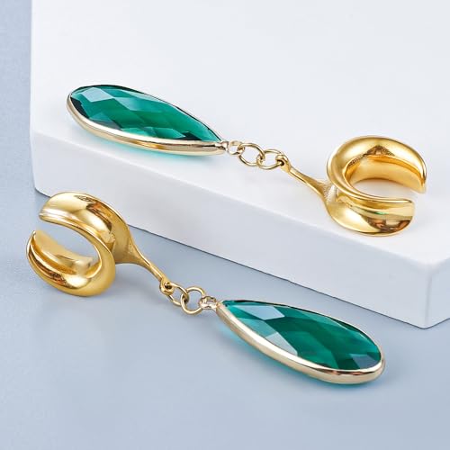 Twolobes 1 Pair saddle gauges earring with green crystal stone Ear Dangle Plugs Tunnels Hypoallergenic Stainless Steel Ear Gauges 1" (25mm) Body Piercing Jewelry by Twolobes - Image 6