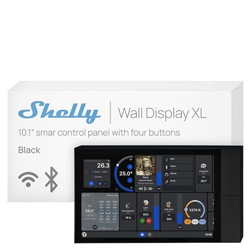Shelly Wall Display XL Schwarz – 10.1' WLAN-Smart-Home-Bedienfeld, Vier Tasten, integriertes 5A-Relais, Neutralleiter Erforderlich, LUX-Sensor, Stereo-Lautsprecher, Steuerzentrale, Alexa & Google Home