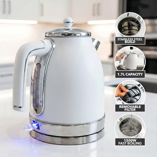 Image of OVENTE 1.7L Stainless Steel Electric Kettle, 1500W Power, White KS777W | Fast Boiling Heater, BPA Free, Cordless Body Design, Auto Shut-Off, Boil-Dry Protection, Indicator Light and Removable Filter