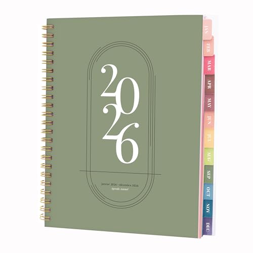 Rileys & Co - Rileys Agenda Journalier 2026, Planner 2026 Scolaire et Familial, Semainier et Planificateur Hebdomadaire Mensuel, Agenda Professionnel à Spirale pour Fille et L’Étudiant (Vert, 20 x 15 cm, Français)