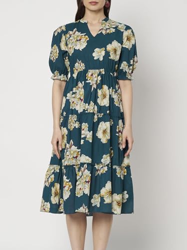 Image of PIDAVLIYA'S Women's Floral Summer Maxi Dress I Cotton Printed I One Piece Bodycon Midi Dress with V-Neck, Puffed Sleeves