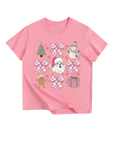 Rixalor Candy Cane Christmas Shirt for Girls Pink Festive Bow Graphic Tee Xmas Holiday Outfit 8 9 Years