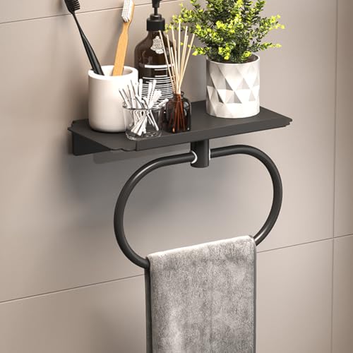 Modern Wall Mounted Towel Rack with Storage Shelf, Black Metal Bathroom Towel Bar, Space-Saving Bathroom Accessories