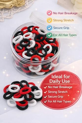 Image of Frescorr (100 pcs) Baby Hair Ties | Soft No-Damage Premium Elastic Mini Rubber Bands for girls | Strong Stretch Ponytail Holders | Daily Use Hair Accessories | (white-Red-Black)