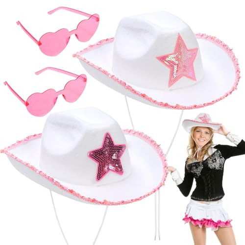 Noamus 2 Pack White Cowgirl Hat with Heart Sunglasses, Cowboy Hat with Pink Sequin Star, Preppy Cow Girl Costume Accessories with Adjustable Neck Draw String for Women, Halloween, Dress Up Party