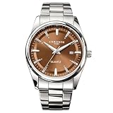 CHRONOS Men's Analog Quartz Watch, 41mm Stainless Steel Wristwatch, Date Display, Luminous, 3ATM Water Resistant Casual Business Watch (C05-Silver Brown)