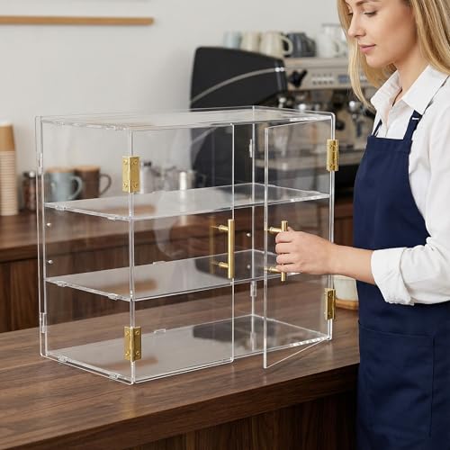 Cityjoy 3-stöckige Aufsatzvitrine mit elastischer Autotür, 49,5 x 37,8 x 26,2 cm, Acryl, Gebäckvitrine, Lebensmittelvitrine, Box für Brot, Dessert, Kekse, Backen