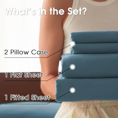 Image of Cal King 4 Piece Sheet Set - Comfy Breathable & Cooling Bed Sheets Set, Soft and Wrinkle Free, Deep Pockets, Easy & Secure Fit, Hotel Luxury Bedding - Oeko-Tex - Denim Blue