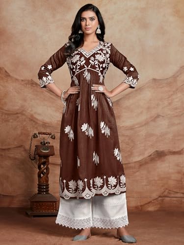 Image of EthnicJunction Women's Silk Blend Regular Fit Chikankari Embroidered Naira Cut Kurta