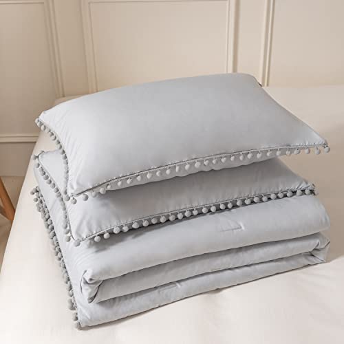 Sleepbella Light Grey Queen Comforter Set 5Pcs, Ball Pom Fringe Design, Super Soft Brushed Microfiber Comforter For All Seasons (1 Boho Comforter, 2 Pillow Shams, 2 Pillowcases) #TOP3