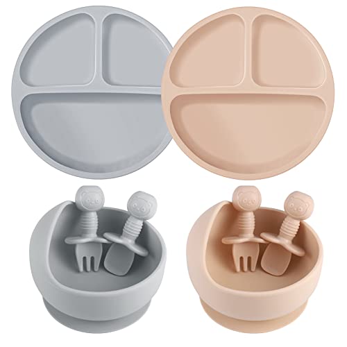 Image of Pimoys 8 Pack Silicone Baby Feeding Set 2 Suction Plates 2 Suction Bowl with 2 Forks 2 Spoons, Baby Led Weaning Supplies Toddler Eating Utensils Microwave & Dishwasher Safe